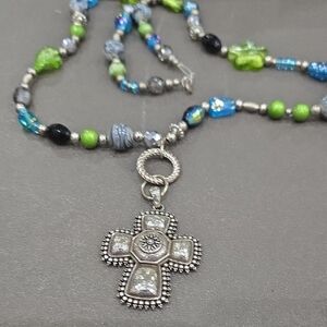 Beaded Green & Blue Cross Pendant Necklace - Unbranded
